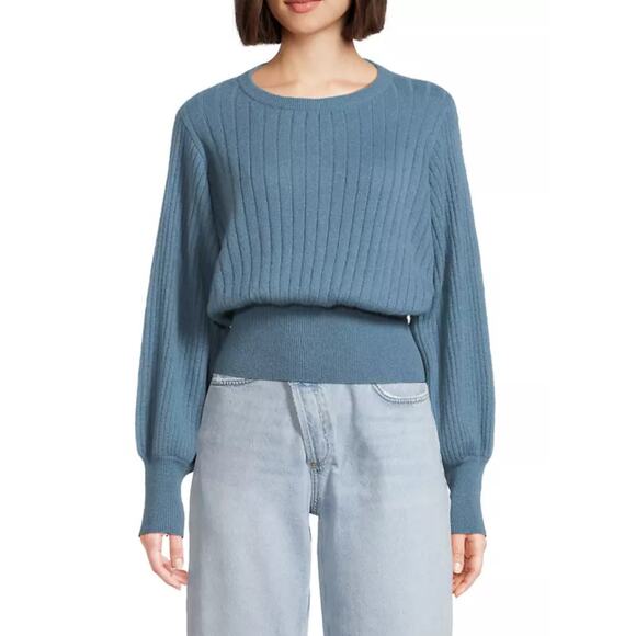 Crush. Cashmere Prague Blue Balloon Sleeve Ribbed Cashmere Sweater 1 S - Picture 1 of 11